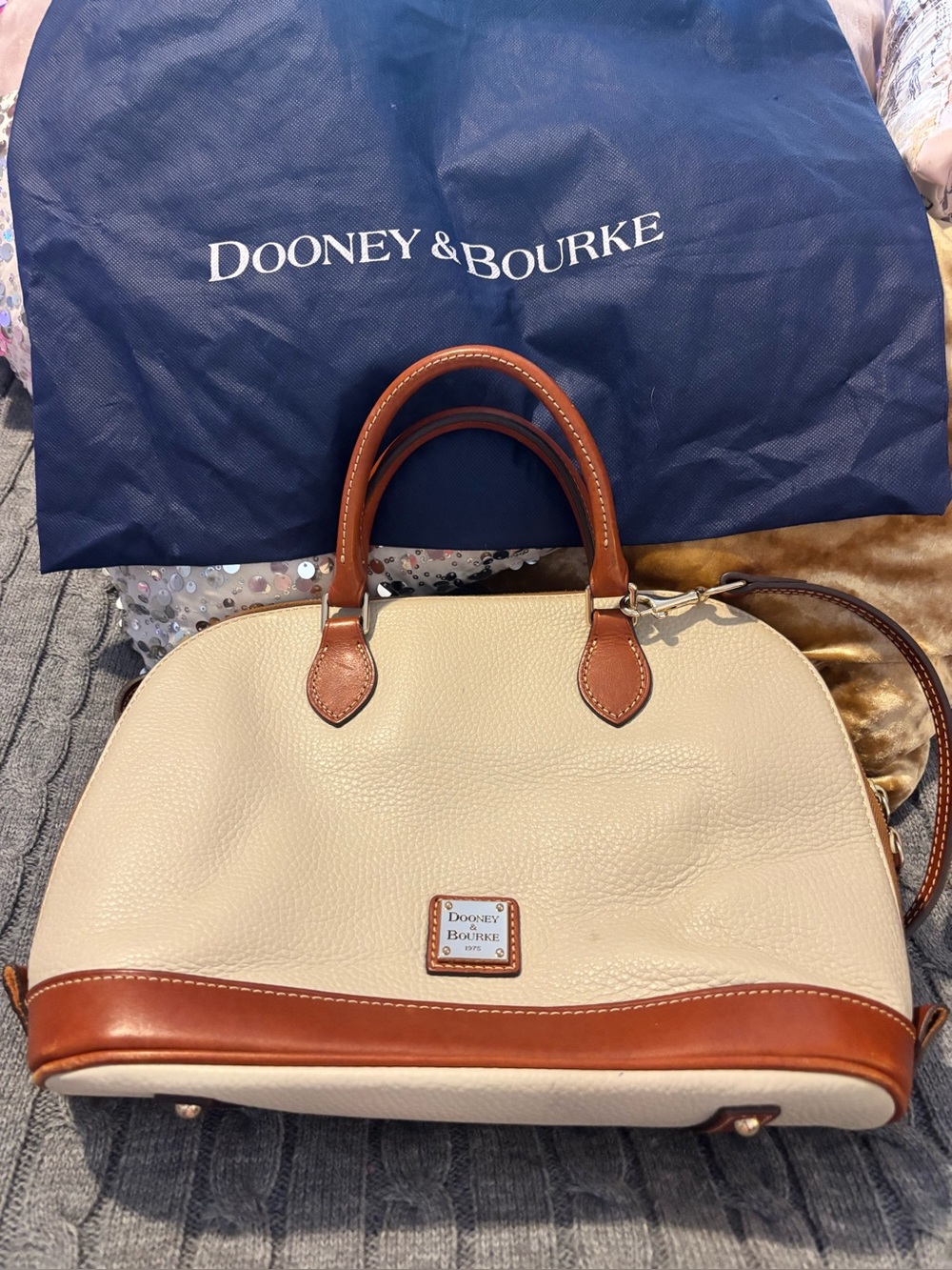 Dooney & Bourke Pebble Grain Zip Zip Satchel Cream Tan with Dust Bag